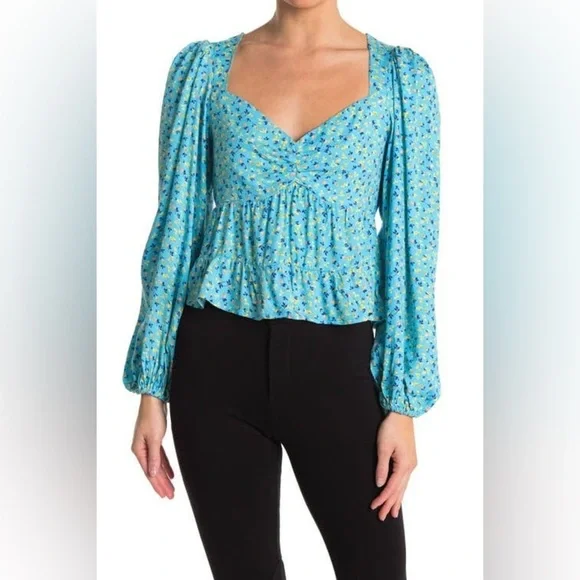 AFRM x Nordstrom Blue Floral Ruched Balloon Sleeve Crop Top Size Medium - Picture 1 of 5
